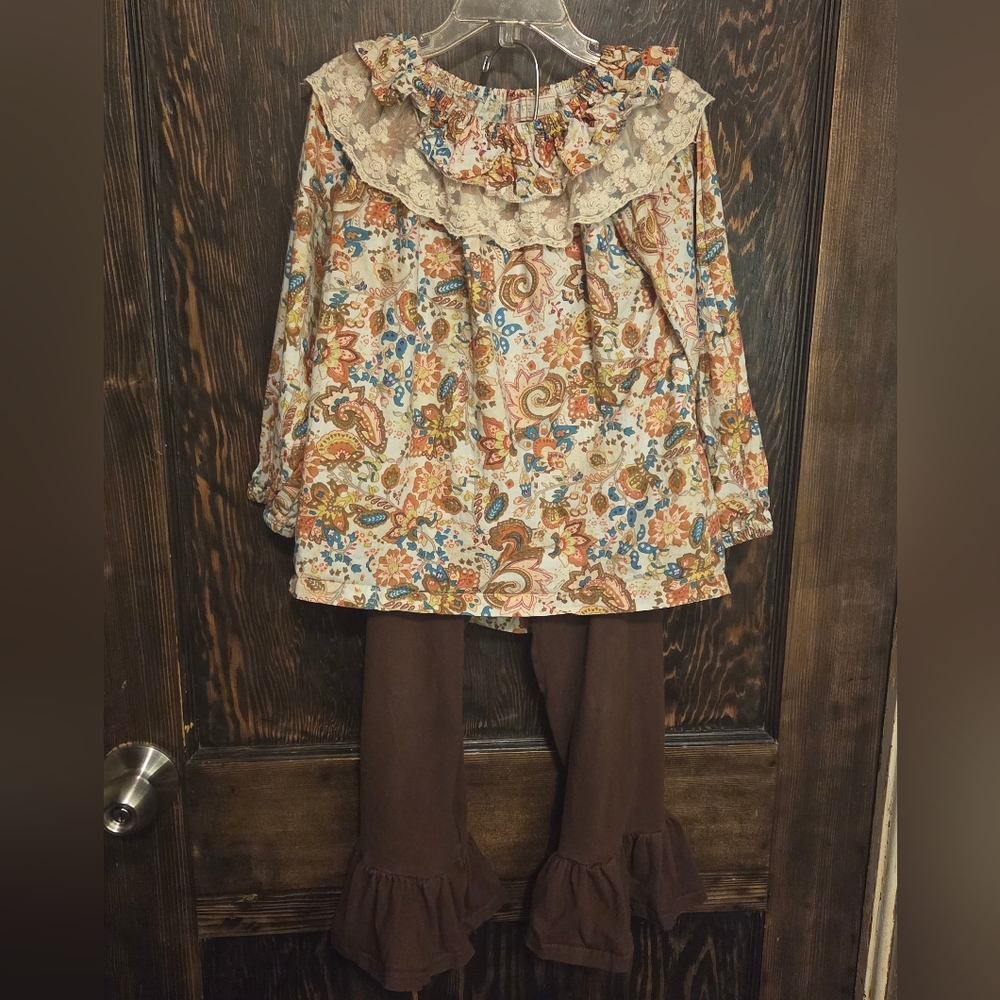 Free Planet Multicolor Floral Tunic Top & Brown Ruffle Bottom Pants Sz 4